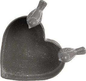 Šedý plechový kvetináč v tvare srdca s vtáčikmi - 14*12*7 cm