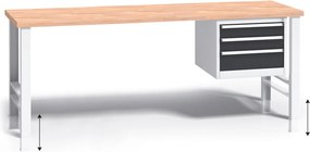 Výškovo nastaviteľný pracovný stôl do dielne G3 so závesným boxom na náradie, buková škárovka, 3 zásuvky, 2000 x 685 x 840 - 1050 mm, grafit