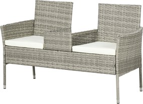 Outsunny Záhradná lavička pre 2 osoby s centrálnym stolíkom, oceľový gauč z PE ratanu a polyesteru, 137x59x82 cm, šedá a krémová | Aosom