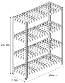 Kovový regál BULLRACK RIVET, 200x210x60 cm, 4x sieťová drôtená polica, 600 kg na policu, zinok