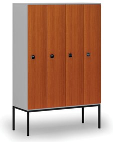 Drevená šatníková skrinka S4 s podnožou, 4 oddiely, 1871 x 1200 x 500 mm, demont, RFID zámok, sivá/čerešňa