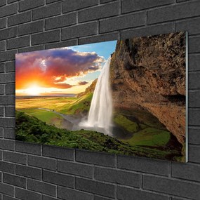 Obraz na skle Hora vodopád príroda 140x70 cm