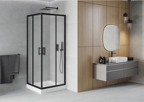 Mexen Rio, štvorcový sprchovací kút s posuvnými dverami 70(dvere) x 70(dvere) x 190 cm, 6mm sklo námraza, čierny profil + biela sprchová vanička RIO, 860-070-070-70-30-4510