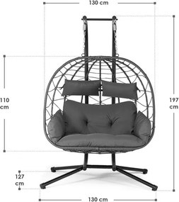 Závesné kreslo pre dvoch, sivé, s vankúšmi a podstavcom