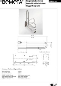 Bemeta Design HELP: Madlo, 900 mm, v tvare U, sklopné, bez krytky, nerez, mat - 301102902