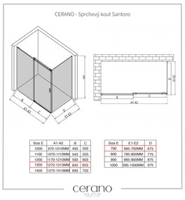 Cerano Santoro, sprchovací kút s posuvnými dverami 130(dvere) x 70(stena) x 195 cm, 6mm šedé sklo, čierny profil, CER-CER-425488