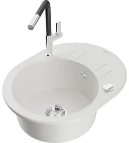 Mexen Kevin, 1-komorový granitový drez 586x458x190 mm a drezová batéria Flora, biela, 6517-20-670401-07