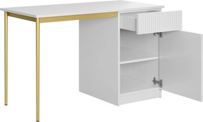 Biely písací stôl Nicole 120 cm s jednými dverami a zásuvkou - matný biely / zlaté nohy