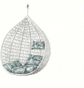 Biele závesné kreslo KOKON bez stojanu, zeleno-biely vankúš