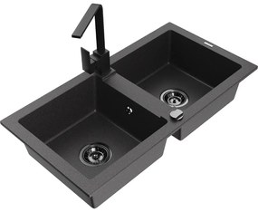 Mexen Mario, granitový drez 820x436x161 mm, 2-komorový, čierna škvrnitá s čiernym sifónom a čierna drezová batéria Rita, 6504-76-670300-70-B