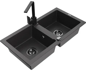 Mexen Mario, granitový drez 820x436x161 mm, 2-komorový, čierna škvrnitá s čiernym sifónom a čierna drezová batéria Rita, 6504-76-670300-70-B