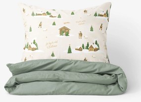 Goldea vianočné bavlnené posteľné obliečky duo - pásli ovce valaši so šalviovo zelenou 140 x 200 a 70 x 90 cm