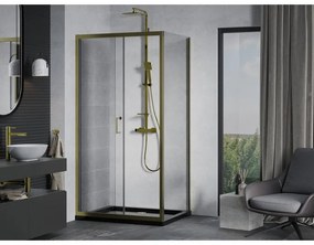 Mexen Apia, sprchový kút s posuvnými dverami 140 (dvere) x 70 (stena) cm, 6mm číre sklo, zlatý profil + čierna sprchová vanička SLIM, 840-140-070-50-00-4070G