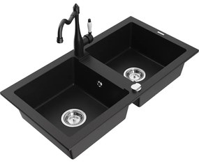 Mexen Mario, granitový drez 820x436x161 mm, 2-komorový a drezová batéria Carla, čierna, 6504-77-670700-70