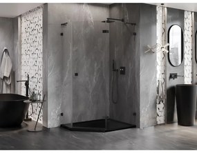 Mexen Lunar, L pravý päťuholníkový sprchový kút 90 x 80 cm, 8mm číre sklo, čierny profil, 831L-090P-080L-70-00-P