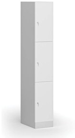 Šatníková skrinka s úložnými boxmi, 3 boxy, 1850 x 300 x 500 mm, cylindrický zámok, laminované dvere, biela