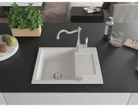 Mexen Enzo, granitový drez 576x465x174 mm, 1-komorový a drezová batéria Carla, biela, 6506-20-670700-00