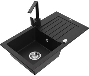 Mexen Pablo, granitový drez 752x436x161 mm, 1-komorový a čierna batéria Rita, čierna, 6510-77-670300-70