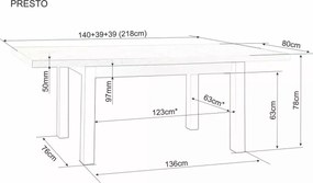 Jedálenský stôl Presto 140/218 cm kašmír/dub cremona torro