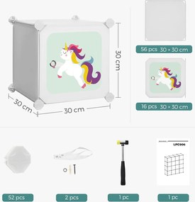 Skladacia skrinka, Policový systém so 16 priehradkami pre deti, motív unikorn