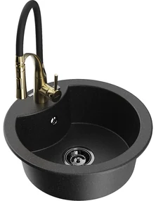 Mexen Diego, 1-komorový granitový drez 488x488x167 mm a drezová batéria Aster, čierna-strieborná metalíza, 6512-73-73450-57-B