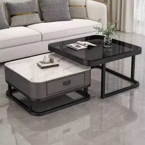 LuxuryForm DESIGN Konferenčný stolík ARAGON 70 × 70 / 60 × 60 cm – sivý / biely mramor + sklo (set 2 ks)