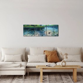 Obraz - Olejomaľba, Letný podvečer pri jazere (s hodinami) (90x30 cm)