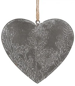 Šedé antik plechové ozdobné závesné srdce s kvetmi - 11*2*10 cm