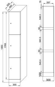 Šatníková skrinka s úložnými boxmi, 3 boxy, 1850 x 300 x 500 mm, demont, zámok s čítačkou RFID kariet, zelené dvere