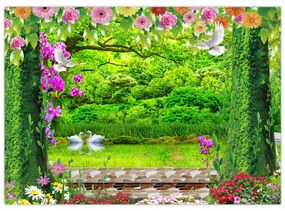 Sklenený obraz - Čarovná záhrada s labuťami (70x50 cm)