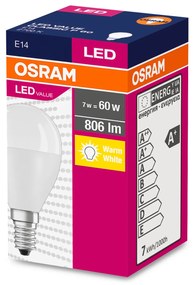 OSRAM LED žiarovka VALUE, E14, P60, 8W, 806lm, 2700K, teplá biela