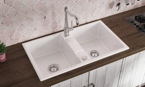 Deante Eridan, granitový drez na dosku 860x500x220 mm B/O, 3,5" + priestorovo úsporný sifón, 2-komorový, biela, ZQE_A203