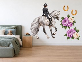 Drezúrna jazdkyňa na jabloňavom sivákovi športové jazdecké nálepky na stenu arch 36 x 46 cm