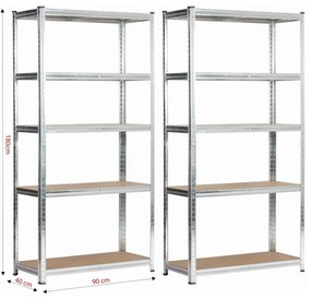 Sada 2 ks kovových regálů REGMET 90x40x180 cm stříbrná