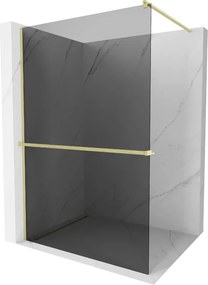 Mexen Kioto+, sprchová zástena Walk-In s poličkou a vešiakom 140 x 200 cm, 8mm šedé sklo, zlatý matný profil, 800-140-121-55-40