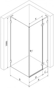 Mexen Lunar, L pravý výklopný sprchový kút 85 x 70 cm, 8mm číre sklo, oceľový profil, 834L-085-070-97-00-P