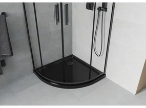 Mexen Rio, štvrťkruhový sprchovací kút s posuvnými dverami 90 x 90 cm, 6mm číre sklo, čierny profil + čierna sprchová vanička, 863-090-090-70-00-4170B