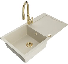 Mexen Leo, 1-komorový granitový drez 900x500x190 mm a drezová batéria Savita, béžová, 6501-69-672601-50