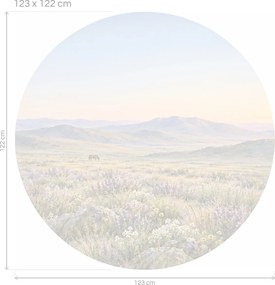Osamelý kôň v kvitnúcej stepi pokojná kruhová akvarelová dekorácia so stepnou krajinou na stenu do spálne arch 46 x 46 cm