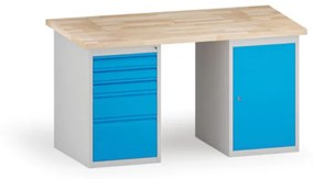 Dielenský stôl KOVONA, 1 závesná skrinka a 5 zásuviek na náradie, buková škárovka, 1500 mm