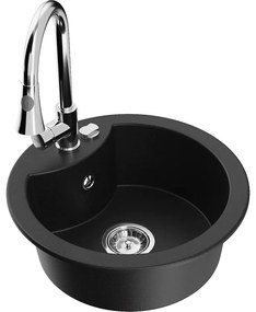 Mexen Diego, 1-komorový granitový drez 488x488x167 mm a drezová batéria Elia, čierna, 6512-77-670101-00
