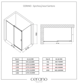 Cerano Lantono, sprchovací kút s posuvnými dverami 120(dvere) x 90(stena) x 195 cm, 8mm číre sklo, čierny profil, CER-CER-431500