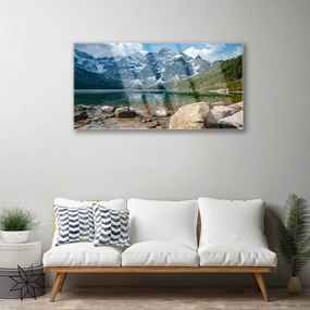 Skleneny obraz Hory les jazero kamene 140x70 cm