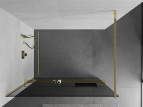 Mexen Kioto+, sprchová zástena s poličkou a držiakom na uteráky 140 x 200 cm, 8mm šedé sklo, zlatý profil, 800-140-121-50-40