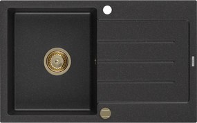 Mexen Bruno, drez granitový 795x495x200 mm, 1-komorový, čierna-strieborná metalíza so zlatým sifónom, 6513791010-73-G