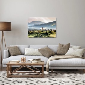 Sklenený obraz - dedinka v hmle (70x50 cm)