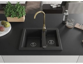 Mexen Carlos, granitový drez 582x475x177 mm, 1,5-komorový a zlatá drezová batéria Telma, čierna, 6518-77-670200-50