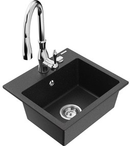 Mexen Milo, 1-komorový granitový drez 435x410x171 mm a drezová batéria Savita, čierna-strieborná metalíza, 6505-73-672601-00
