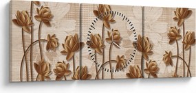 Obraz abstraktných kvetín - hnedá (s hodinami) (90x30 cm)