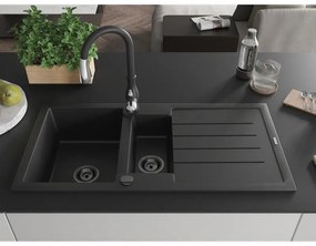 Mexen Andres, 1,5-komorový granitový drez 1000x500x200 mm a drezová batéria Savita, čierna, 6515-77-672601-70-B